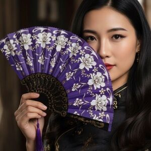 ✨NEW Elegant Purple Floral Hand Fan 🪭 9”